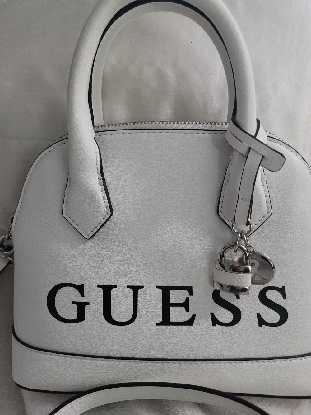 GUESS White Mini Dome Satchel Crossbody with Padlock Charm